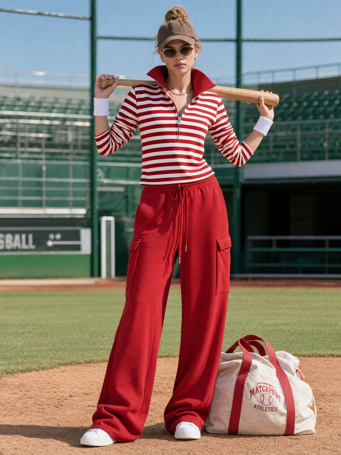 Fashionable Sporty Striped Sweatshirt And Red Cargo Pants Set With Half-zip