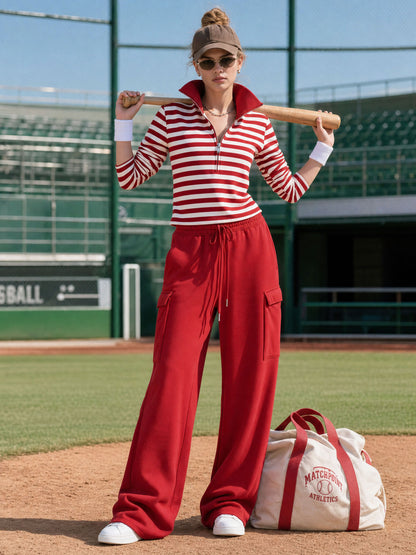Fashionable Sporty Striped Sweatshirt And Red Cargo Pants Set With Half-zip