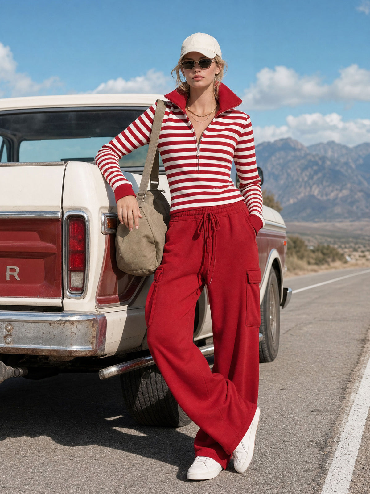 Fashionable Sporty Striped Sweatshirt And Red Cargo Pants Set With Half-zip