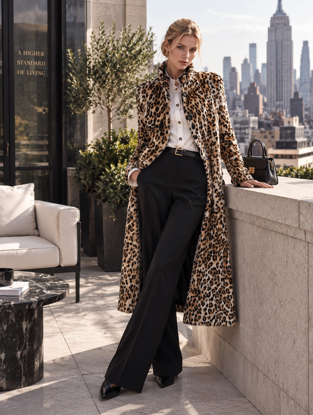 Premium Faux Short-Pile Leopard Print Stand-Collar Coat