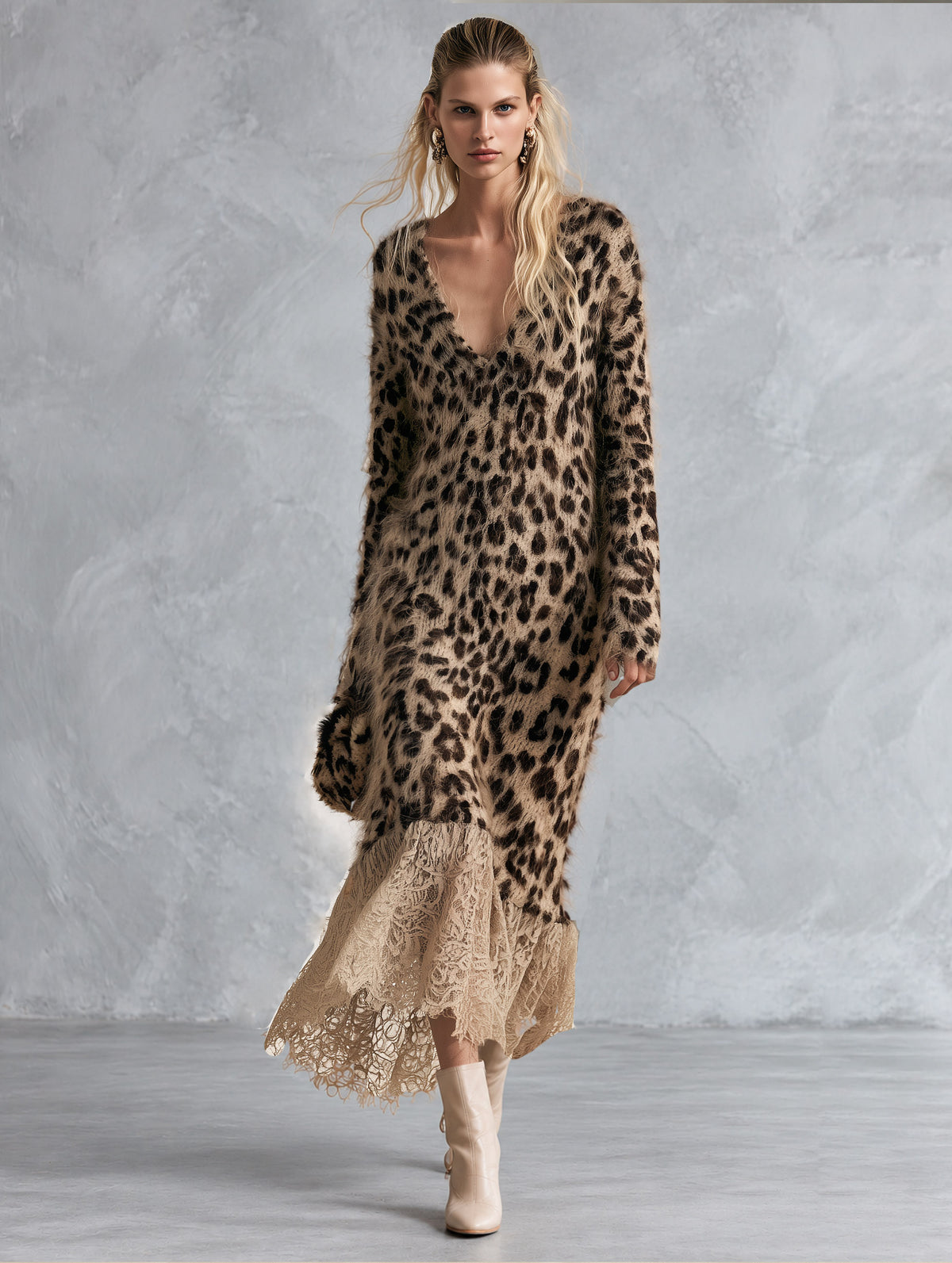 Cozy Lace Hem Long-haired Leopard Print V-neck Knit Maxi Dress