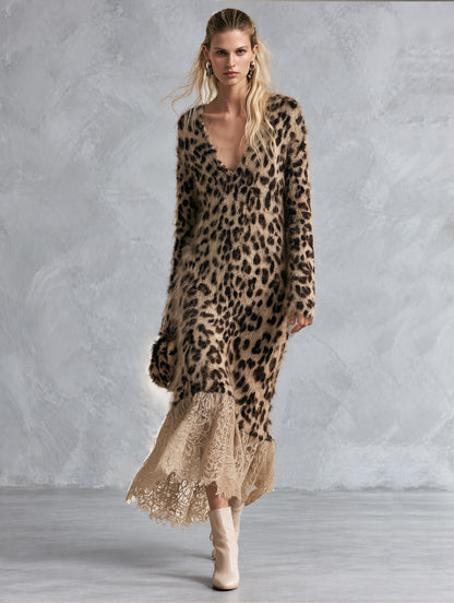 Cozy Lace Hem Long-haired Leopard Print V-neck Knit Maxi Dress