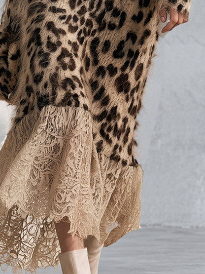 Cozy Lace Hem Long-haired Leopard Print V-neck Knit Maxi Dress