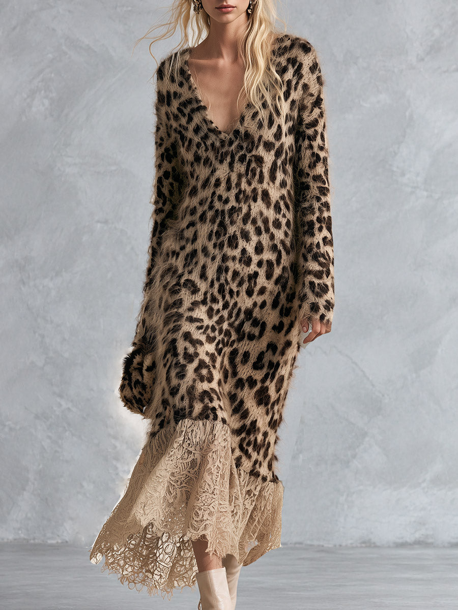 Cozy Lace Hem Long-haired Leopard Print V-neck Knit Maxi Dress