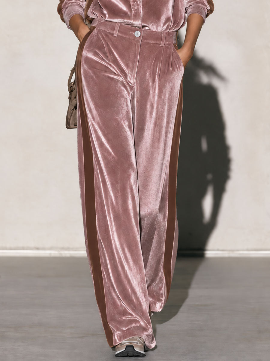 Retro Elegant Dusty Pink Velvet Puff-Sleeve Shirt And Side-Stripe Wide-Leg Pants Set
