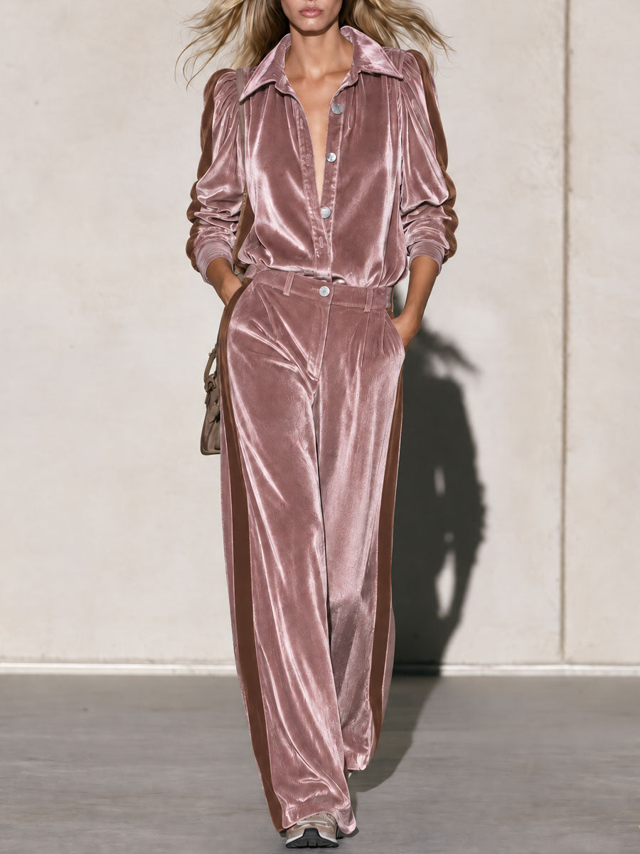 Retro Elegant Dusty Pink Velvet Puff-Sleeve Shirt And Side-Stripe Wide-Leg Pants Set