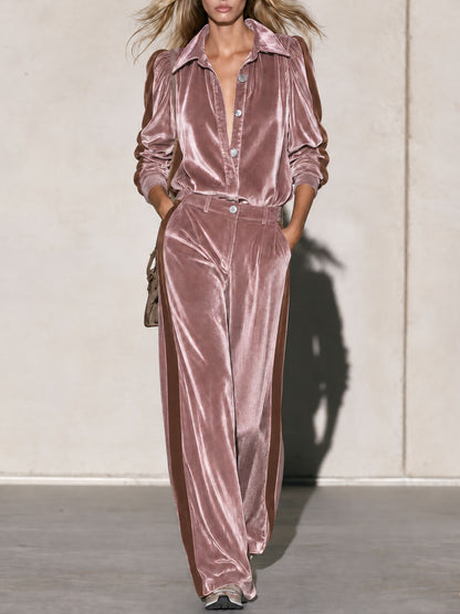 Retro Elegant Dusty Pink Velvet Puff-Sleeve Shirt And Side-Stripe Wide-Leg Pants Set