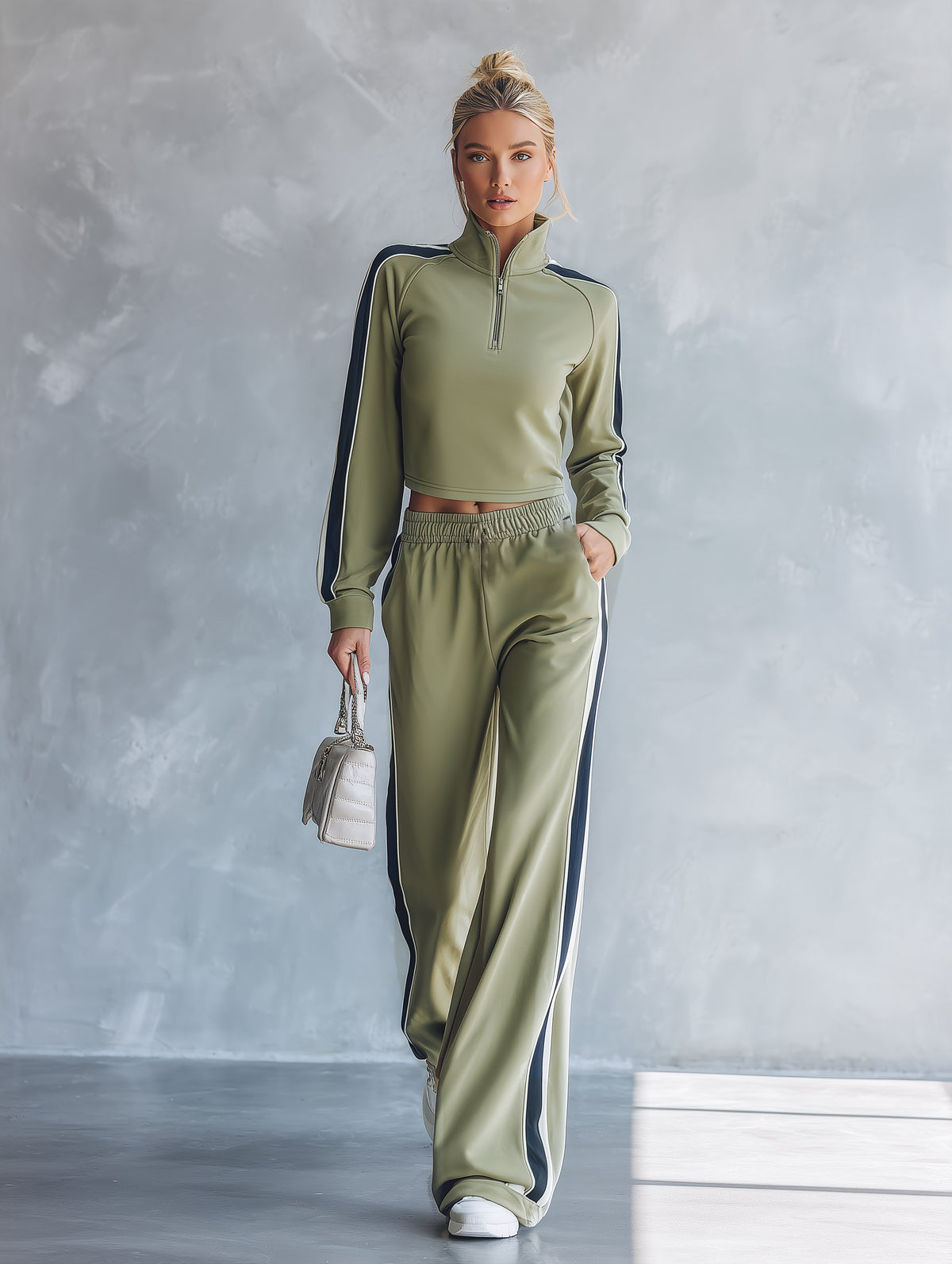 Casual Striped-Trim Sage Green Cotton Sweatshirt And Pants Set