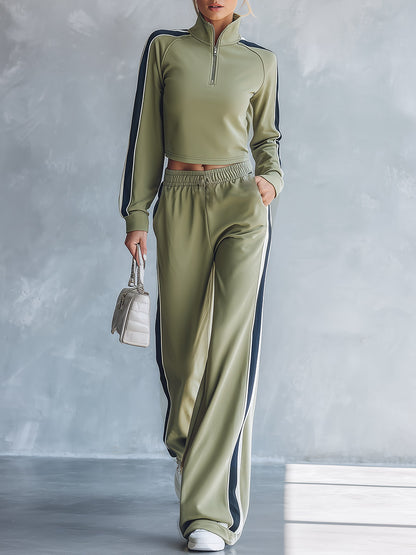 Casual Striped-Trim Sage Green Cotton Sweatshirt And Pants Set