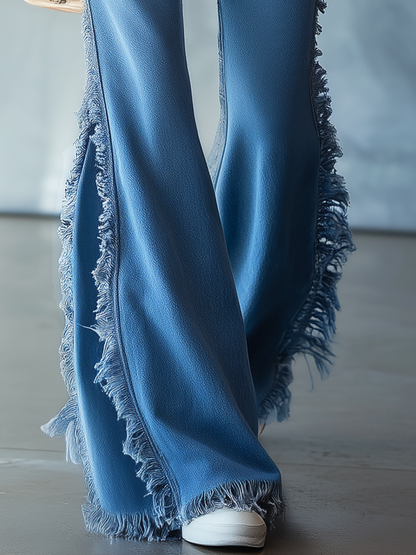 Frayed Side Wide Leg Flare Jeans