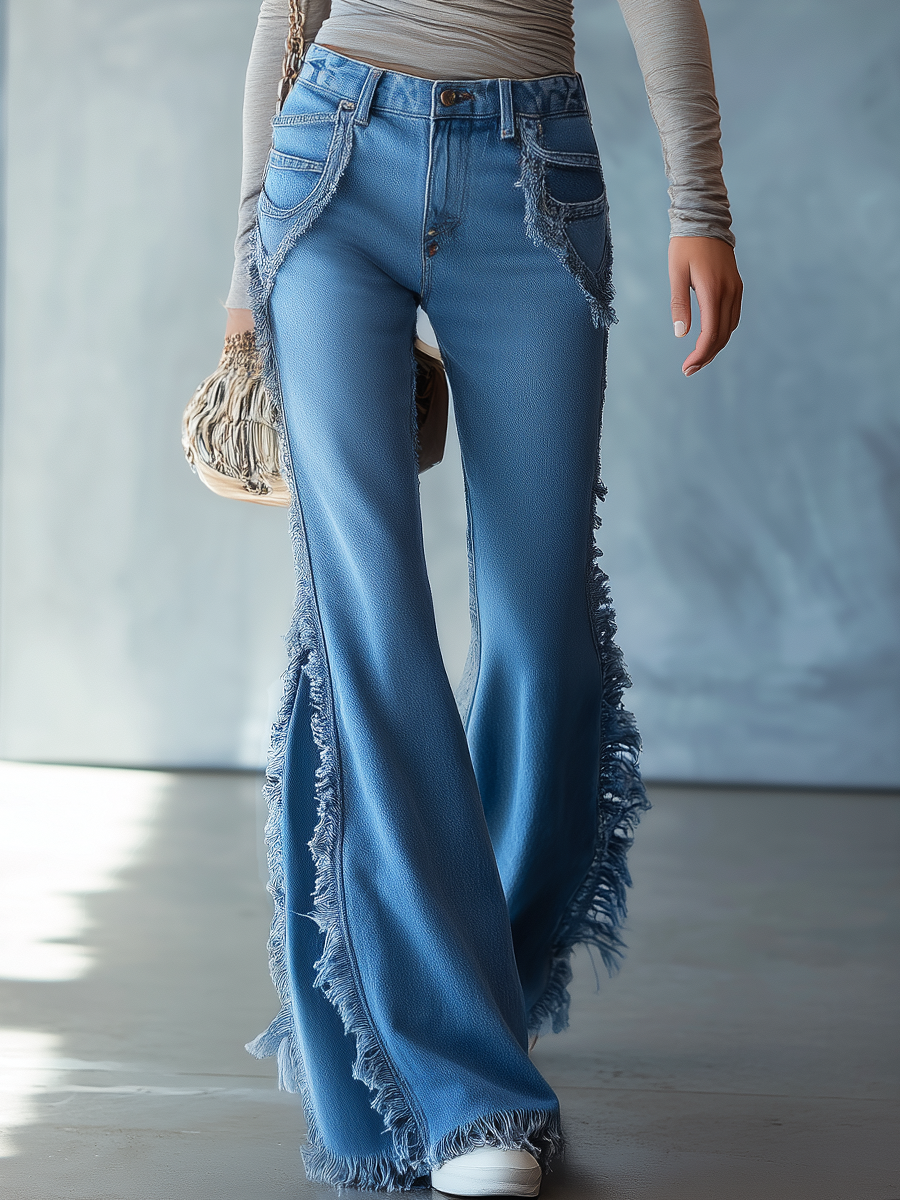 Frayed Side Wide Leg Flare Jeans