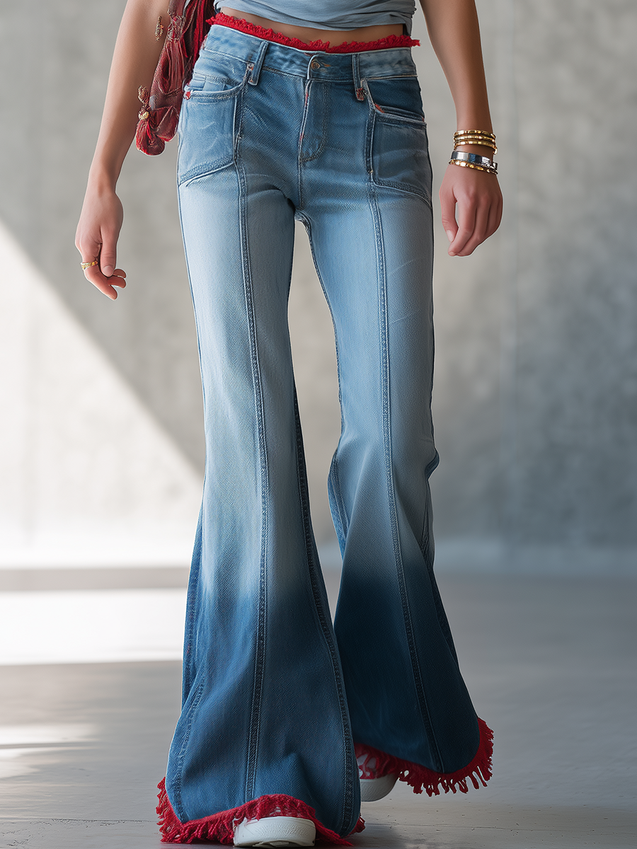 Red Fringe Flare Jeans For Women