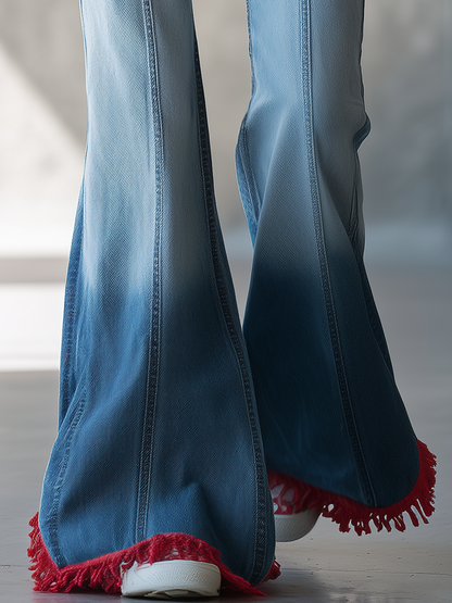 Red Fringe Flare Jeans For Women
