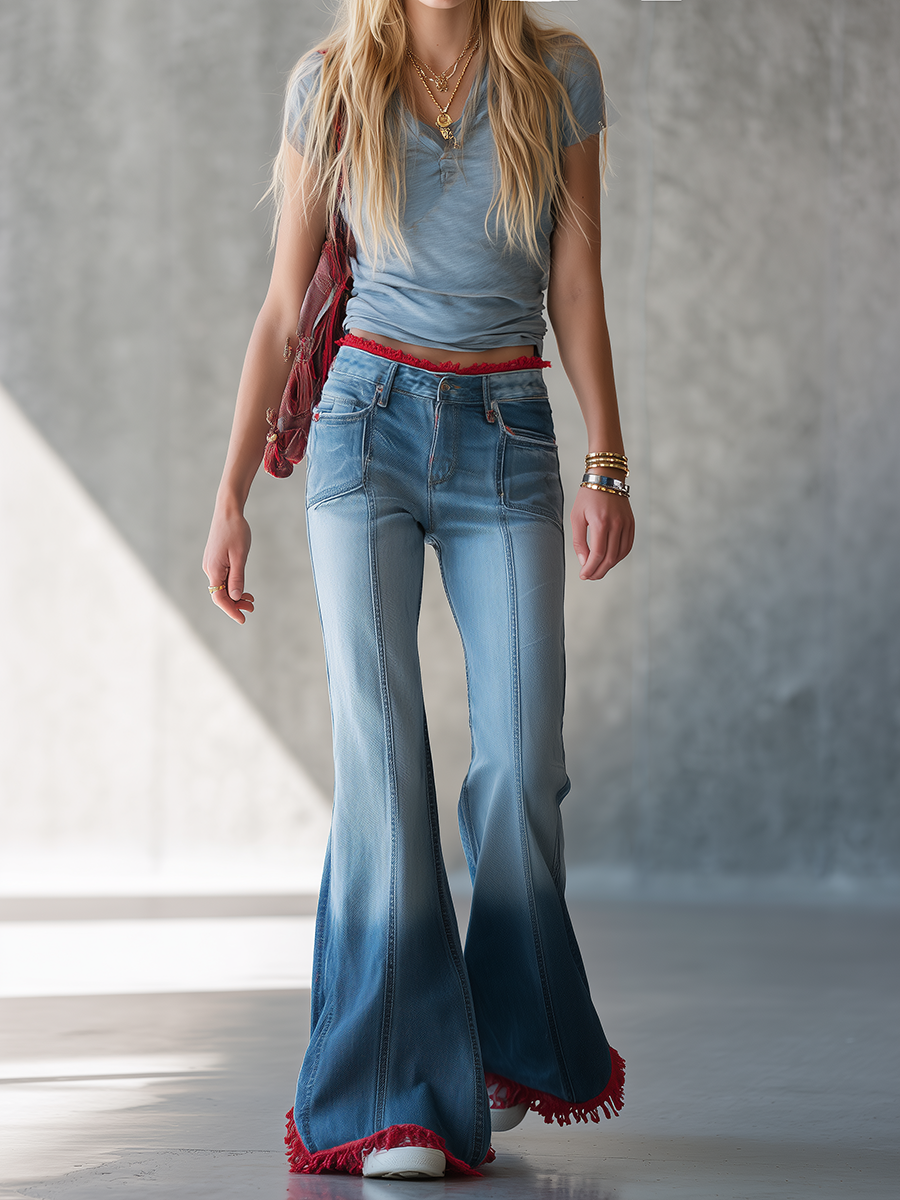 Red Fringe Flare Jeans For Women