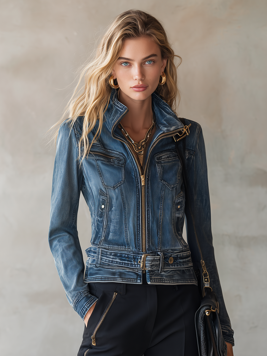 Belted Denim Moto Jacket For Women