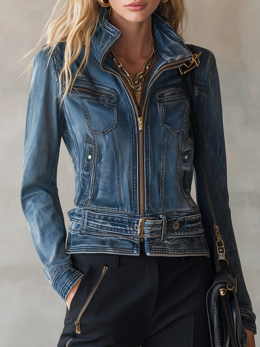 Belted Denim Moto Jacket For Women