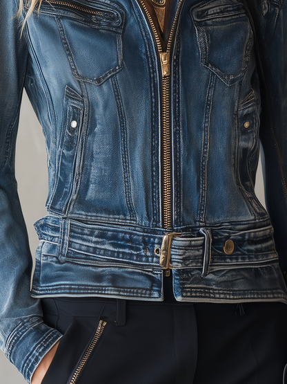 Belted Denim Moto Jacket For Women