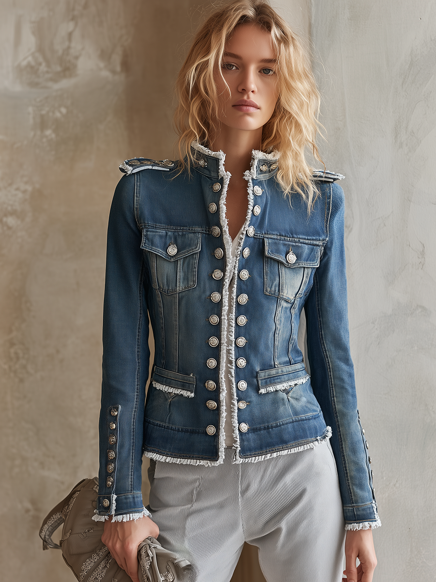 Military Button Frayed Denim Jacket For Women