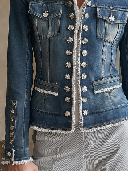 Military Button Frayed Denim Jacket For Women