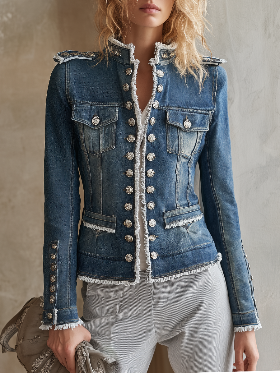 Military Button Frayed Denim Jacket For Women