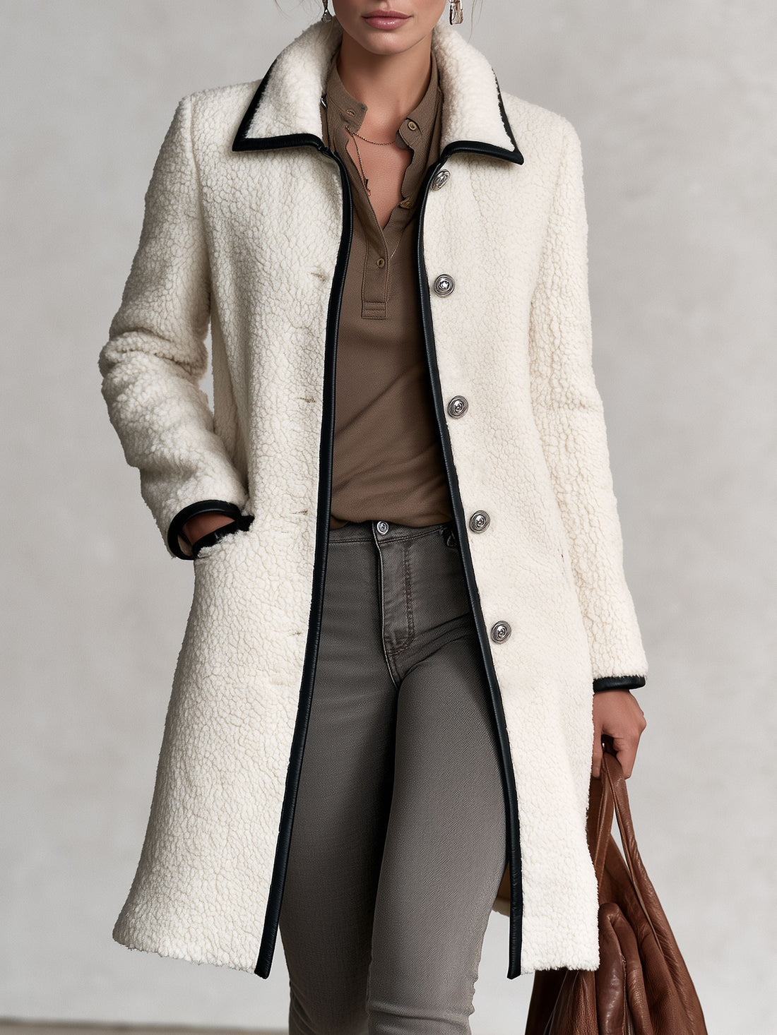 Casual Retro PU Trim White Fleece Mid-length Coat