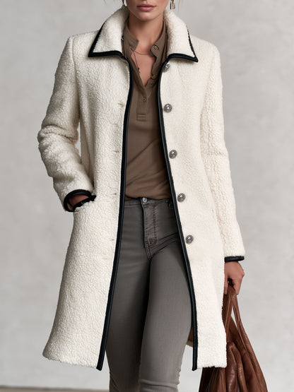Casual Retro PU Trim White Fleece Mid-length Coat