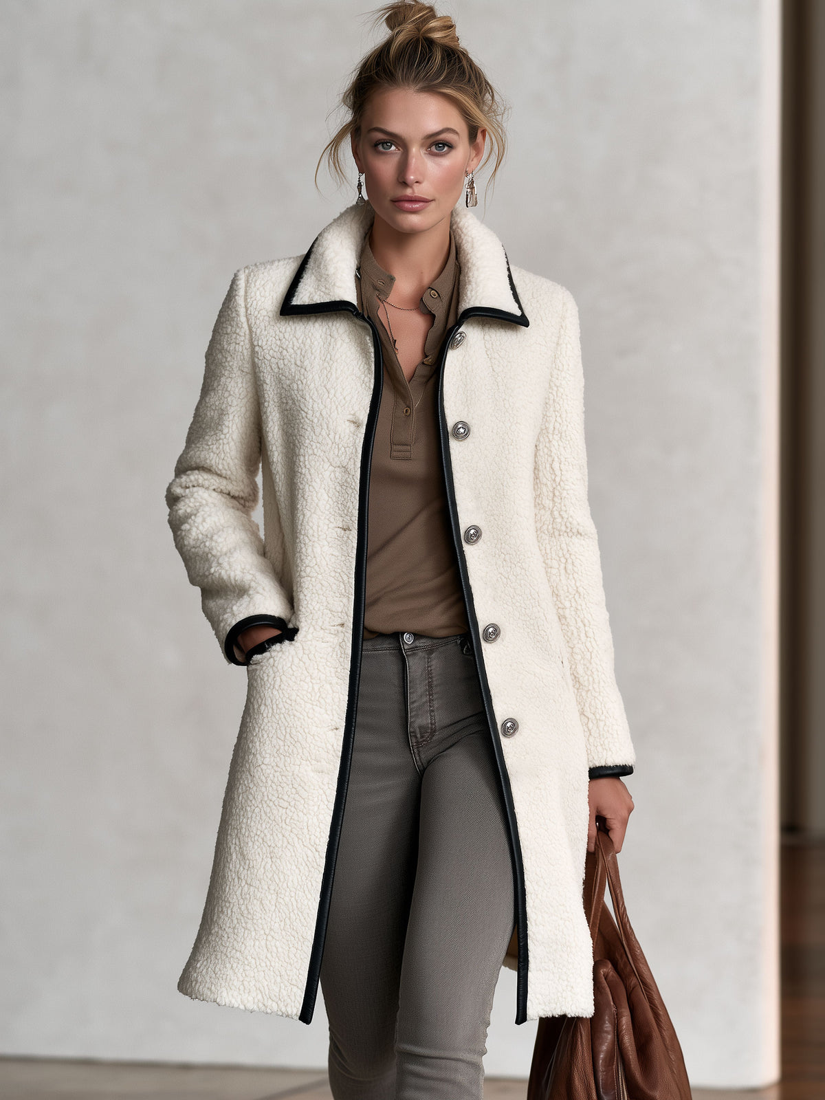 Casual Retro PU Trim White Fleece Mid-length Coat
