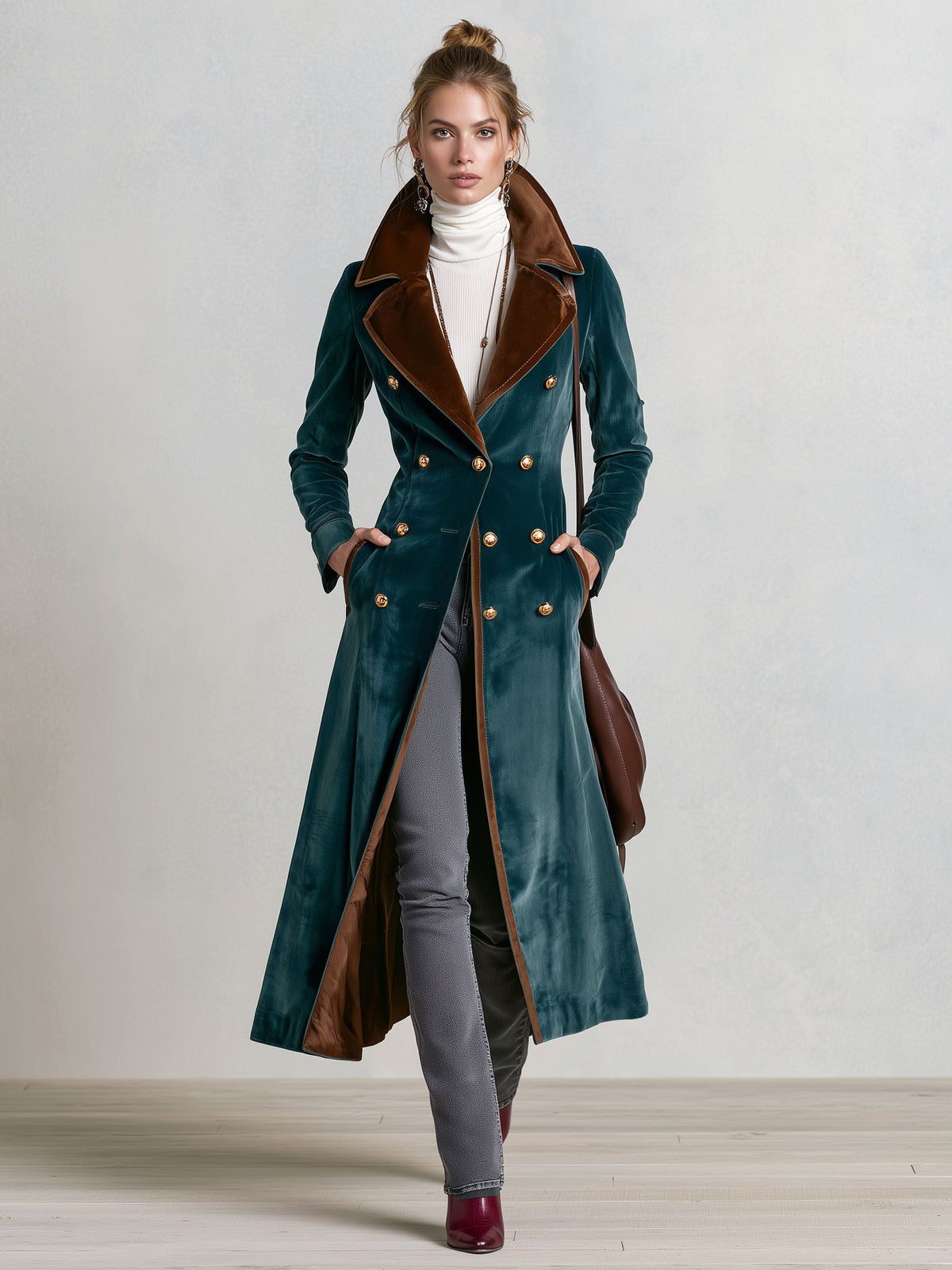 Casual Retro Metal Buckle Color-blocked Lake Blue Velvet Long Coat