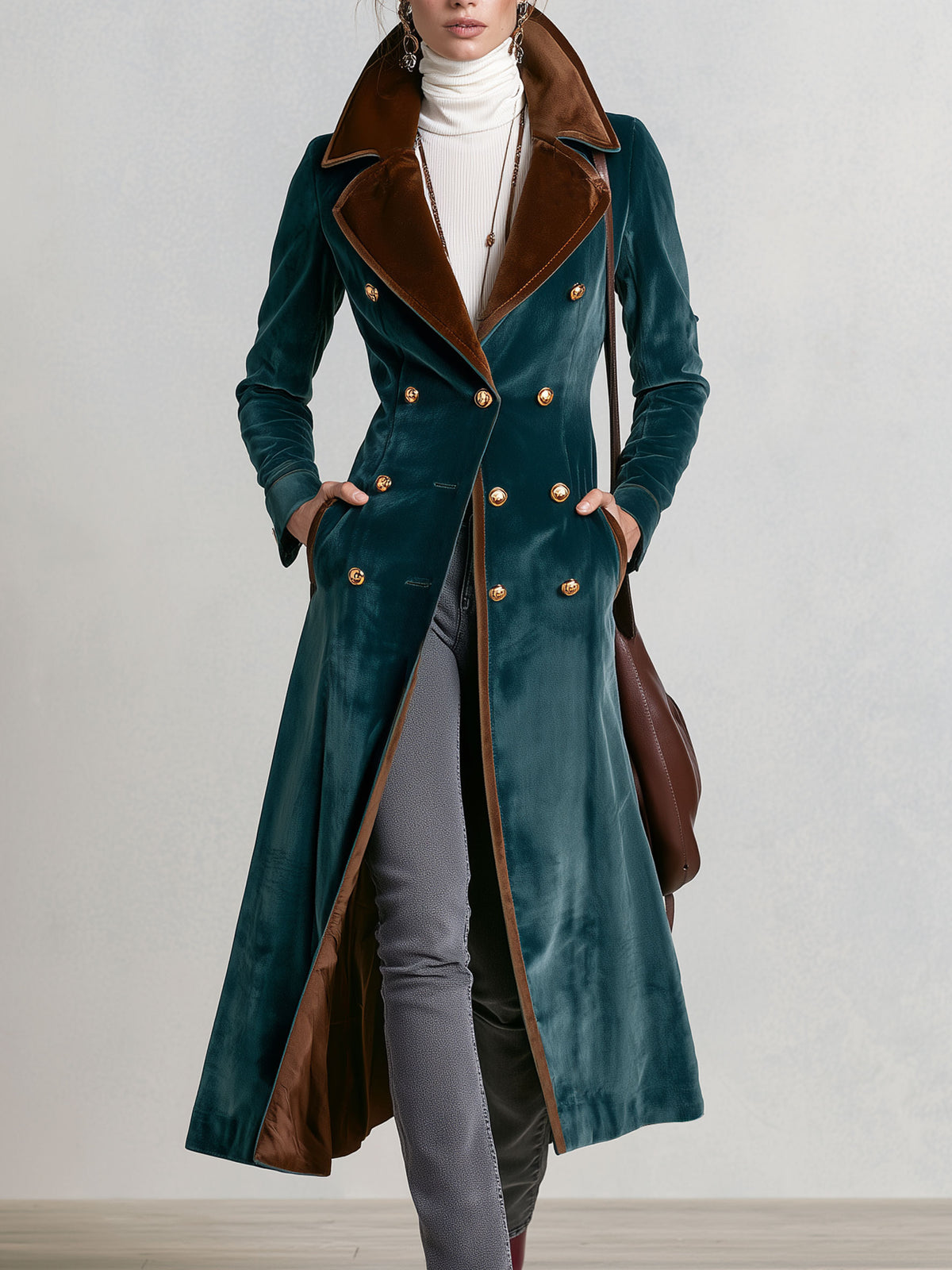 Casual Retro Metal Buckle Color-blocked Lake Blue Velvet Long Coat