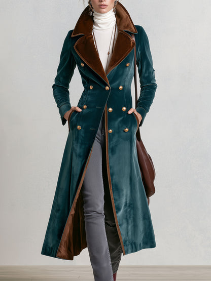Casual Retro Metal Buckle Color-blocked Lake Blue Velvet Long Coat