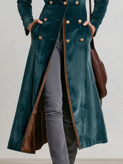 Casual Retro Metal Buckle Color-blocked Lake Blue Velvet Long Coat