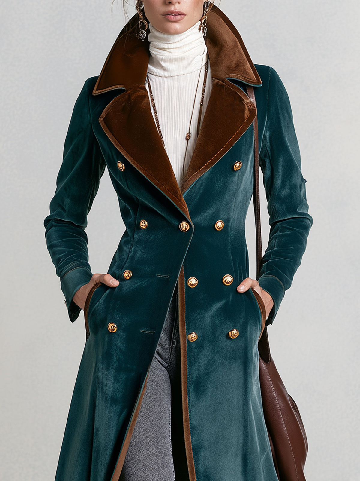 Casual Retro Metal Buckle Color-blocked Lake Blue Velvet Long Coat