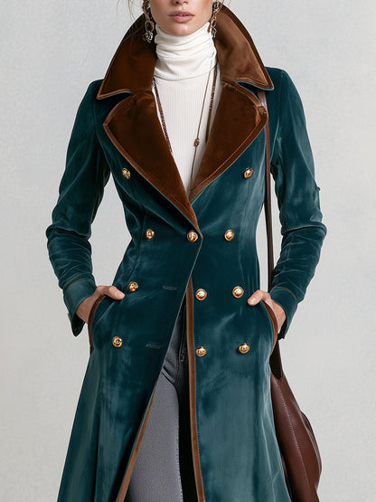 Casual Retro Metal Buckle Color-blocked Lake Blue Velvet Long Coat