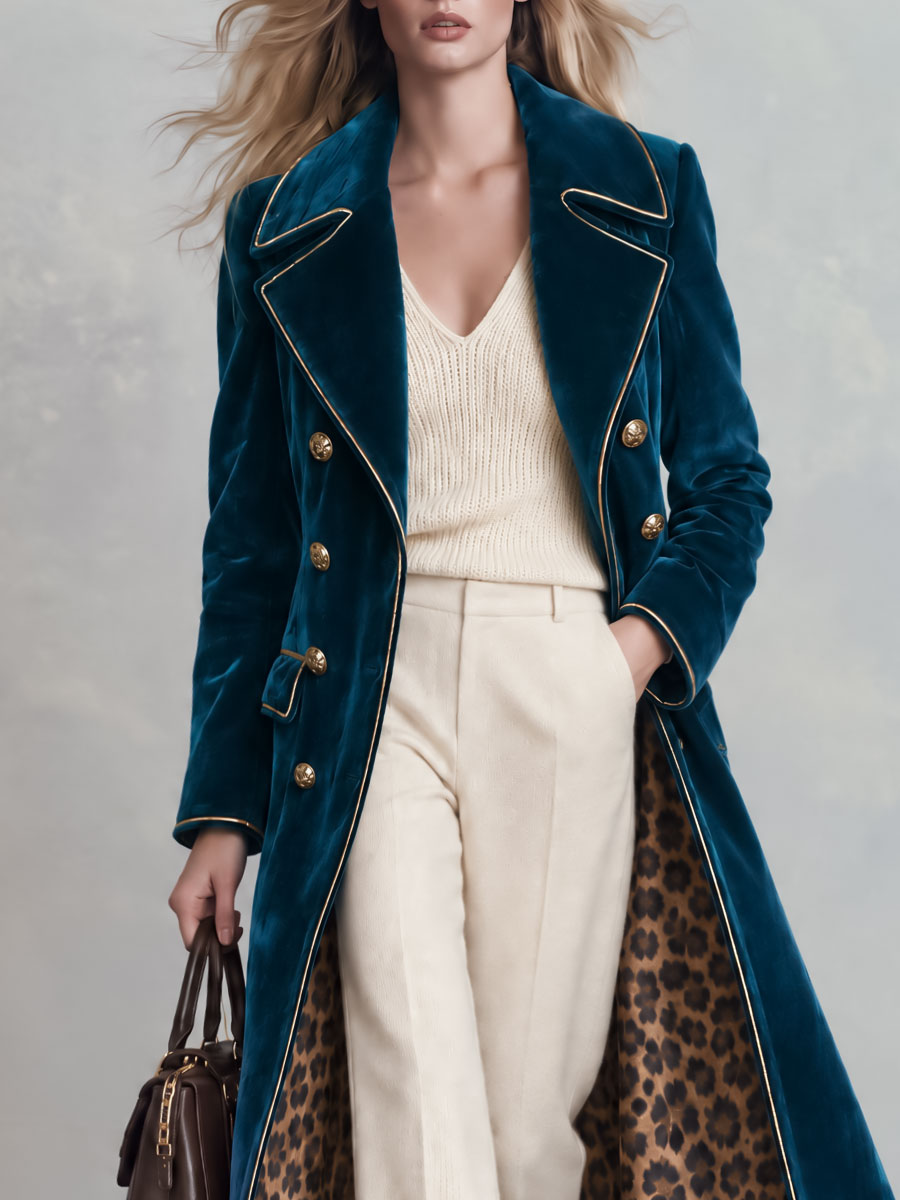 Retro Elegant Blue-green Velvet Double-breasted Leopard Print Velvet Coat