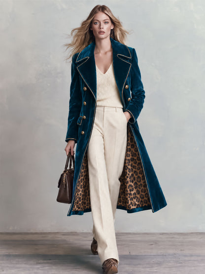 Retro Elegant Blue-green Velvet Double-breasted Leopard Print Velvet Coat