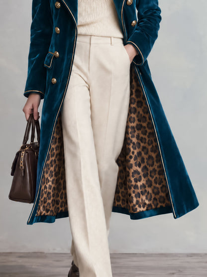 Retro Elegant Blue-green Velvet Double-breasted Leopard Print Velvet Coat