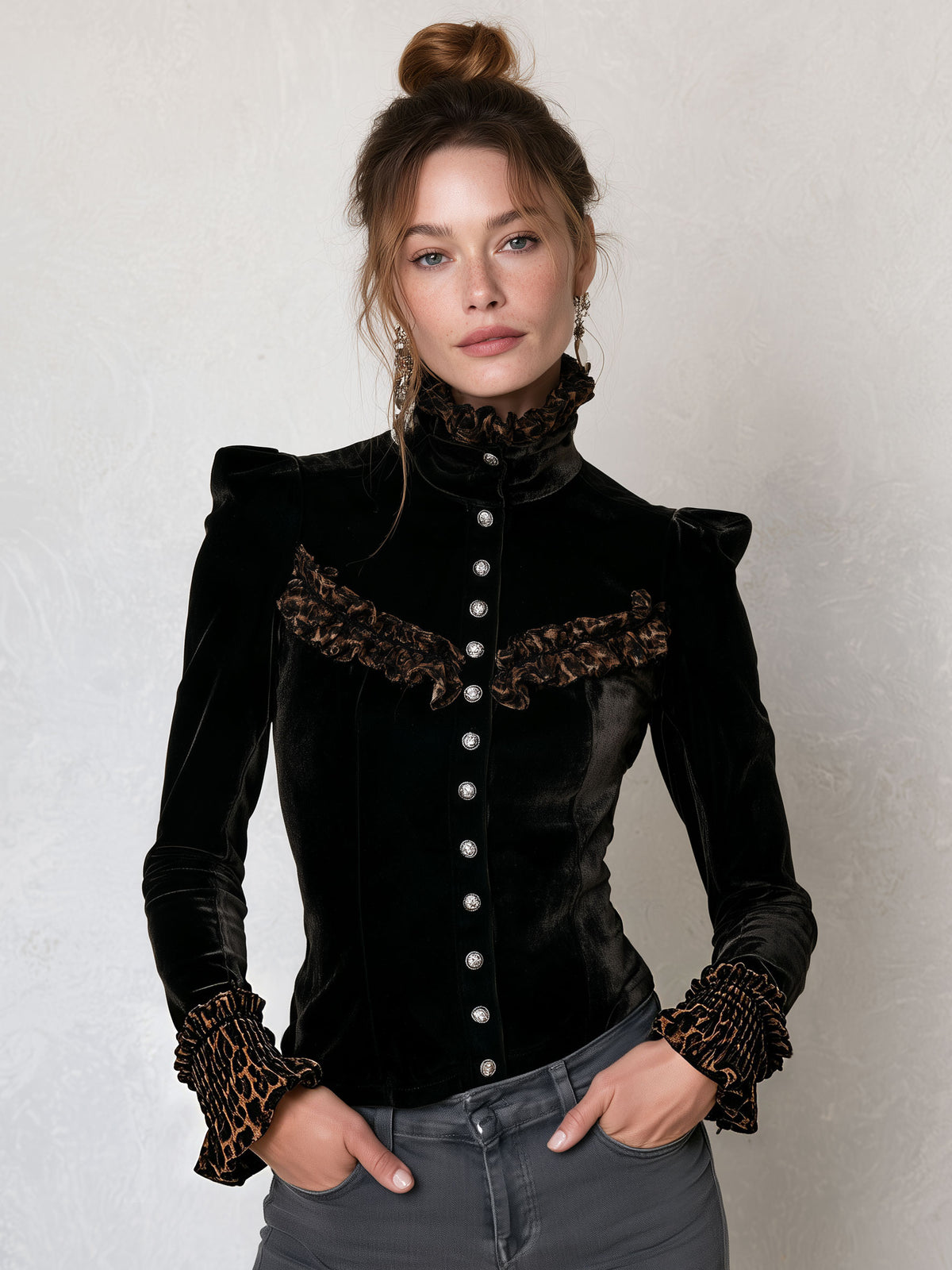 Stylish Retro Brown Leopard Print Ruffled Black Velvet Long-Sleeve Shirt