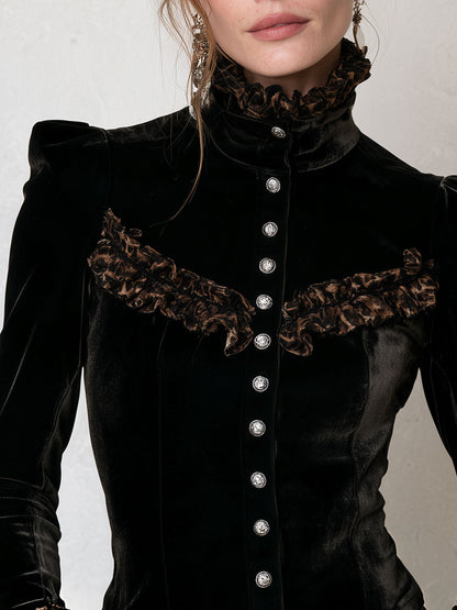 Stylish Retro Brown Leopard Print Ruffled Black Velvet Long-Sleeve Shirt