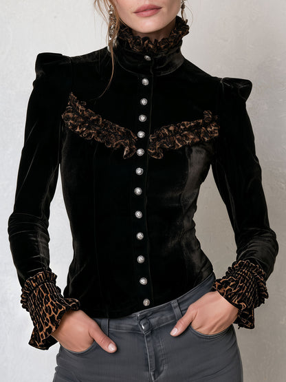Stylish Retro Brown Leopard Print Ruffled Black Velvet Long-Sleeve Shirt