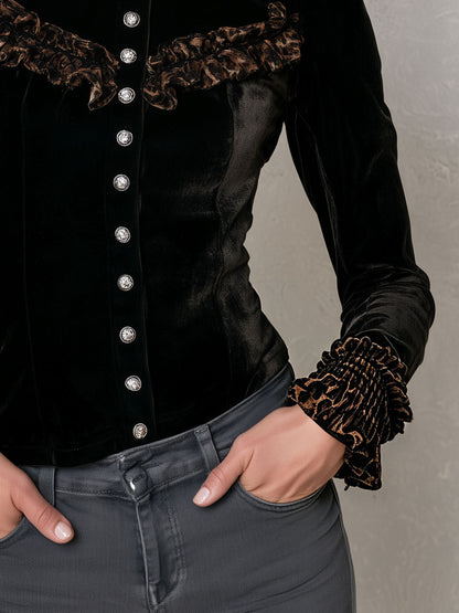 Stylish Retro Brown Leopard Print Ruffled Black Velvet Long-Sleeve Shirt