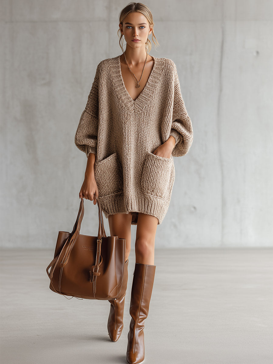 Stylish Oversized Light Brown V-neck Chunky-knit Mini Dress