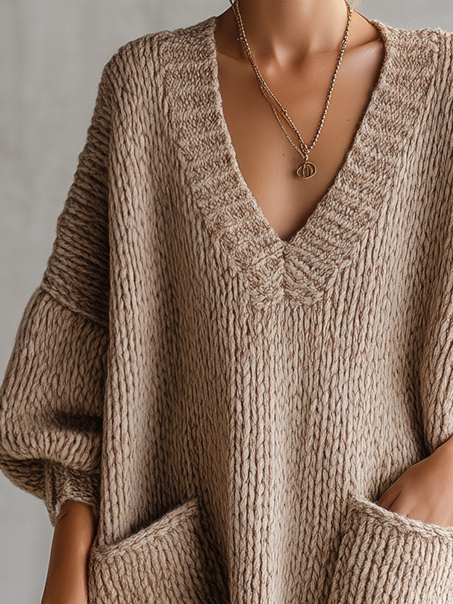 Stylish Oversized Light Brown V-neck Chunky-knit Mini Dress