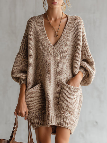 Stylish Oversized Light Brown V-neck Chunky-knit Mini Dress
