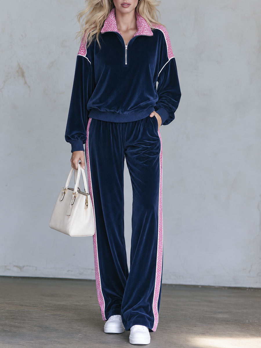 Retro Sporty Navy Velvet Half-Zip Top And Pink Leopard-Trim Wide-Leg Pants Set