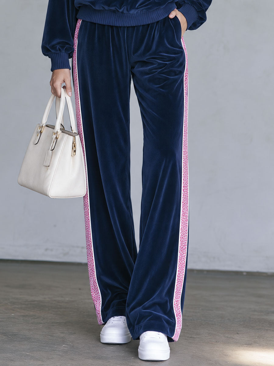 Retro Sporty Navy Velvet Half-Zip Top And Pink Leopard-Trim Wide-Leg Pants Set
