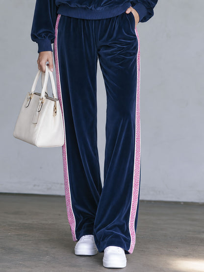 Retro Sporty Navy Velvet Half-Zip Top And Pink Leopard-Trim Wide-Leg Pants Set