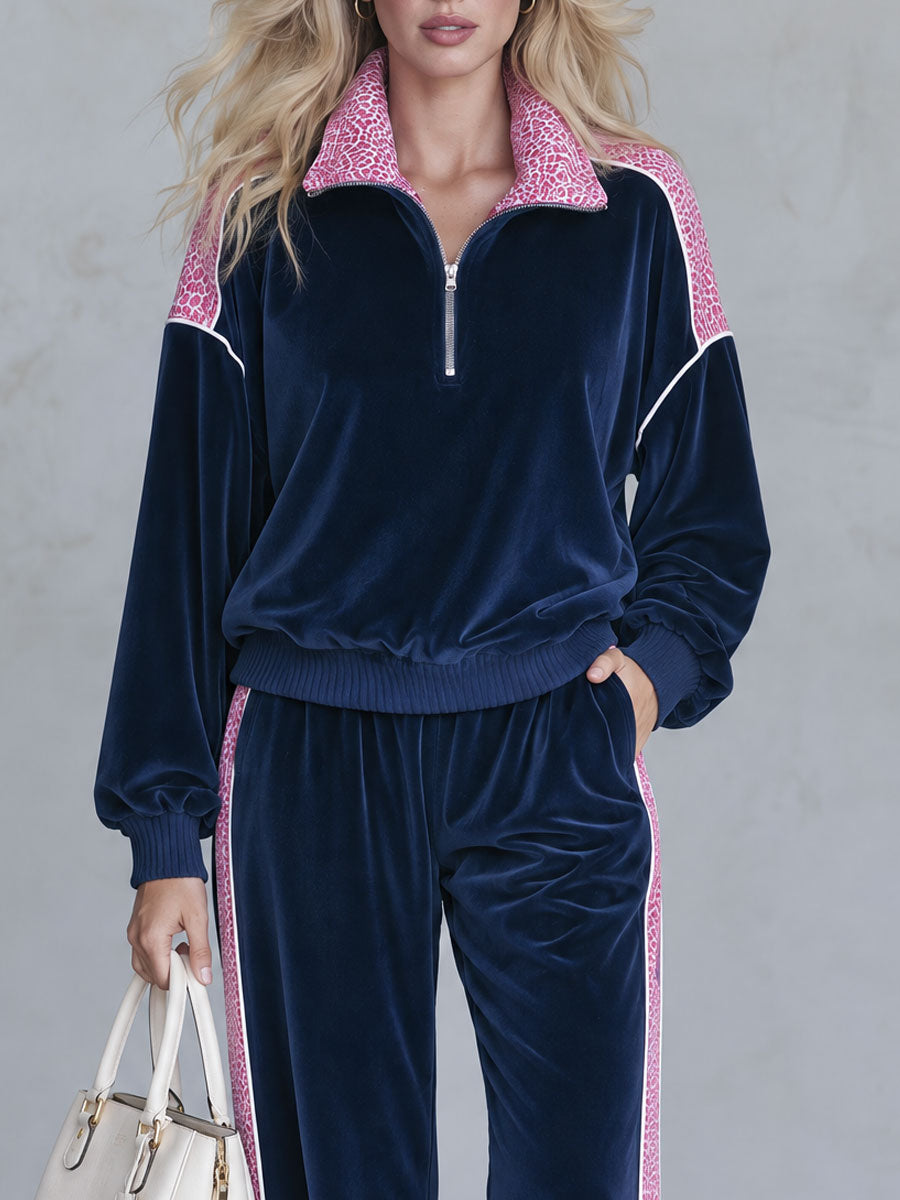 Retro Sporty Navy Velvet Half-Zip Top And Pink Leopard-Trim Wide-Leg Pants Set
