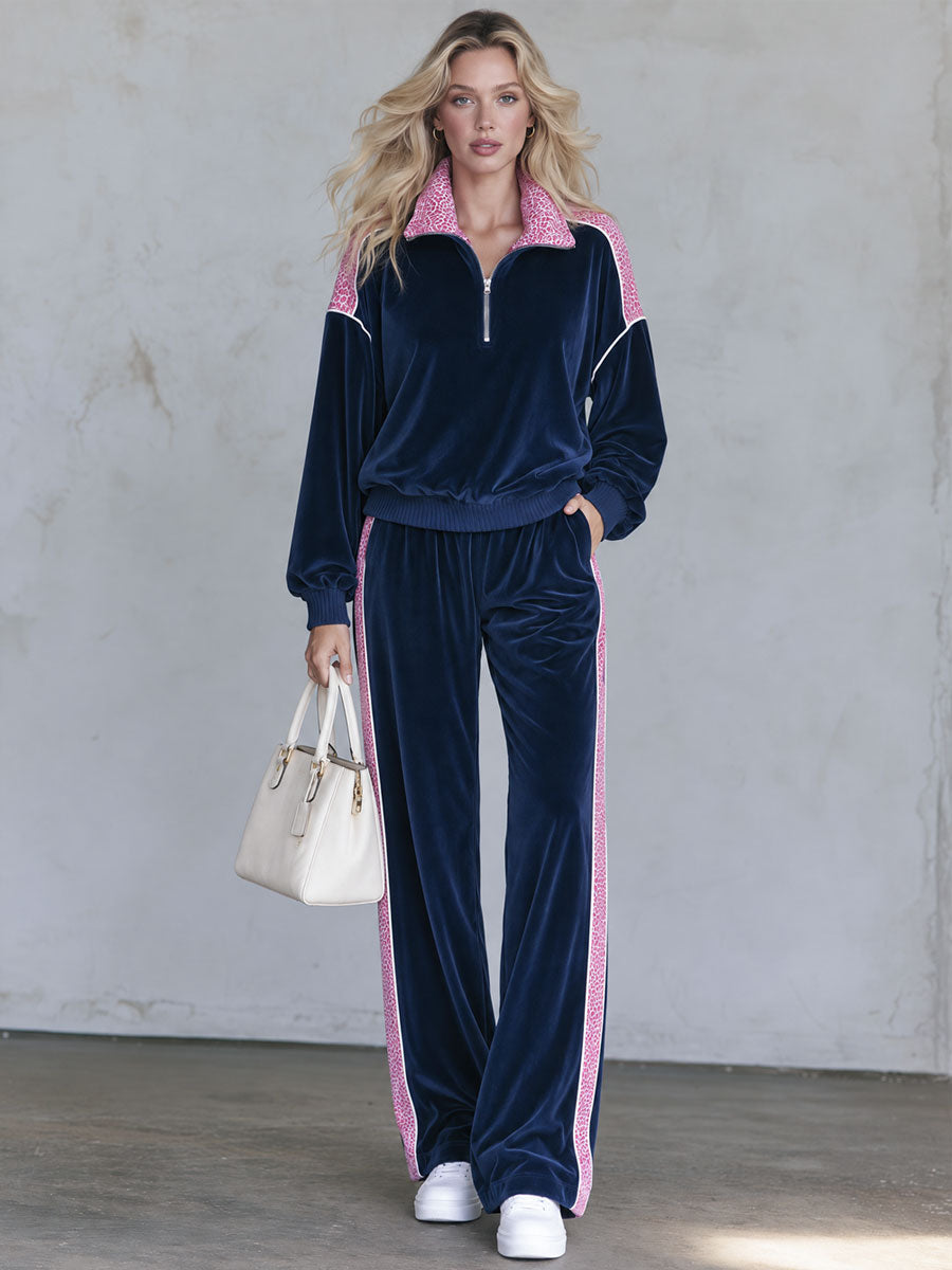 Retro Sporty Navy Velvet Half-Zip Top And Pink Leopard-Trim Wide-Leg Pants Set