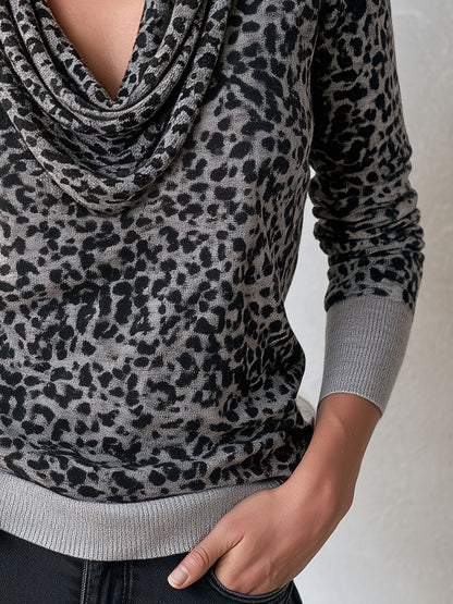 Fashionable Retro Gray Knitted Leopard Print Turtleneck Long-sleeved T-shirt