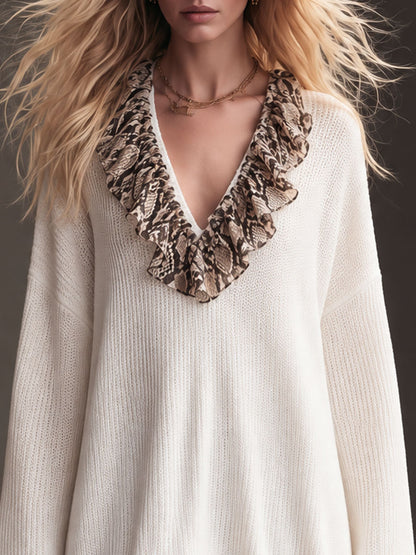 Retro Chic White Oversized V-Neck Snake-Print Ruffle-Trim Knit Mini Dress